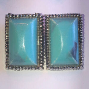 Vintage Silver Tone Faux Turquoise Retro Boho Clip On Earrings